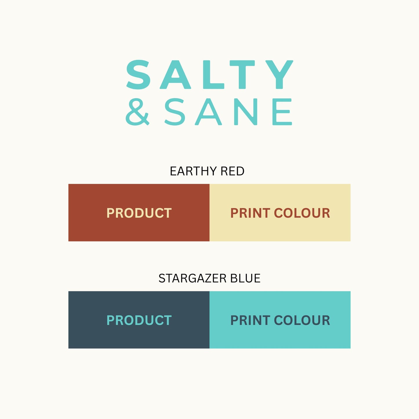 Color swatches for 'Salty & Sane' with Earthy Red and Stargazer Blue on a white background.