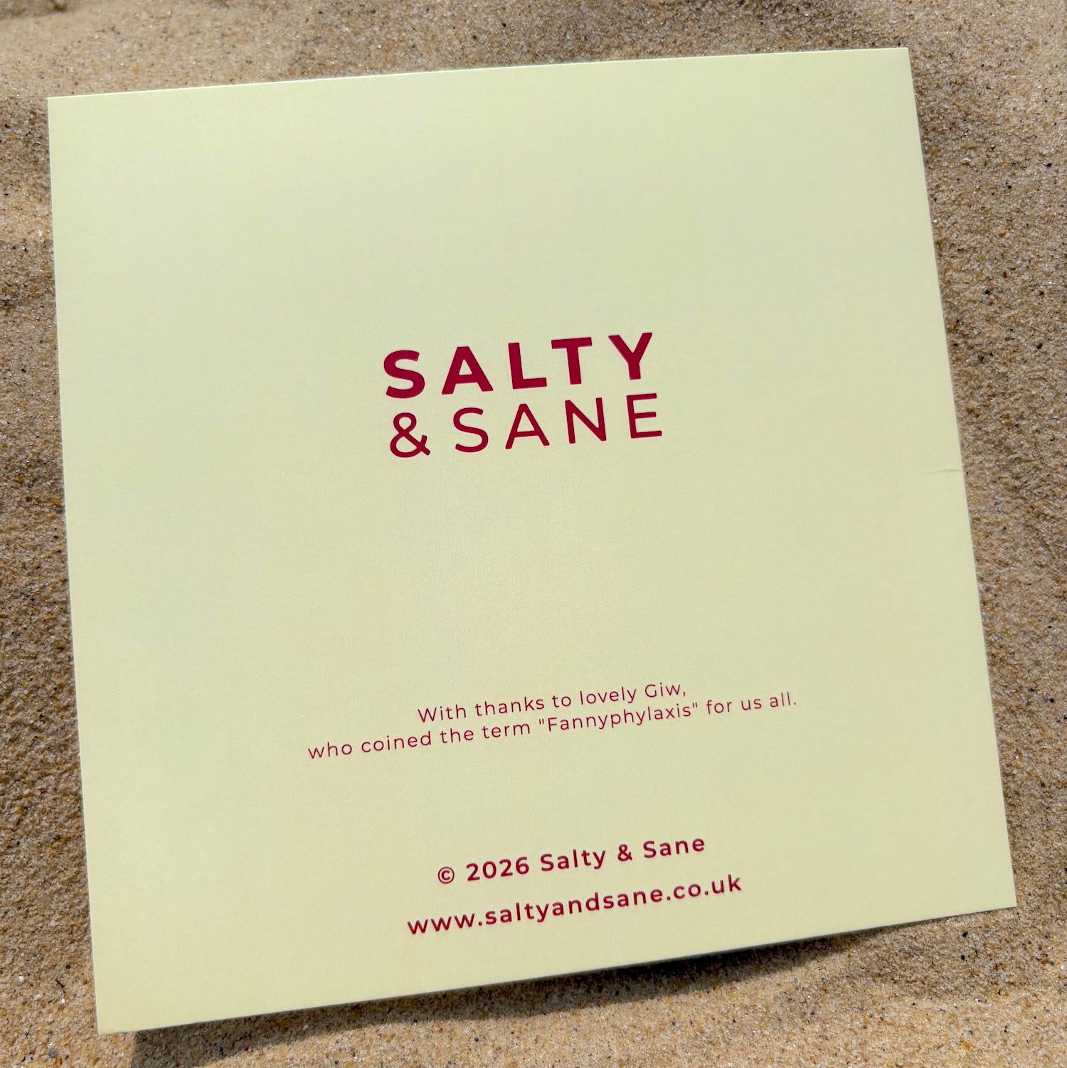 Back of Fannyphylaxis Card by Salty & Sane with kraft envelope