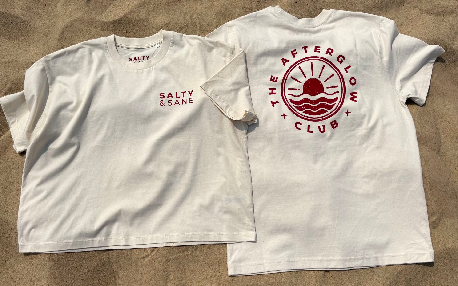 Size comparison of Relaxed Fit vs Cropped Oversized Afterglow Club T-shirt