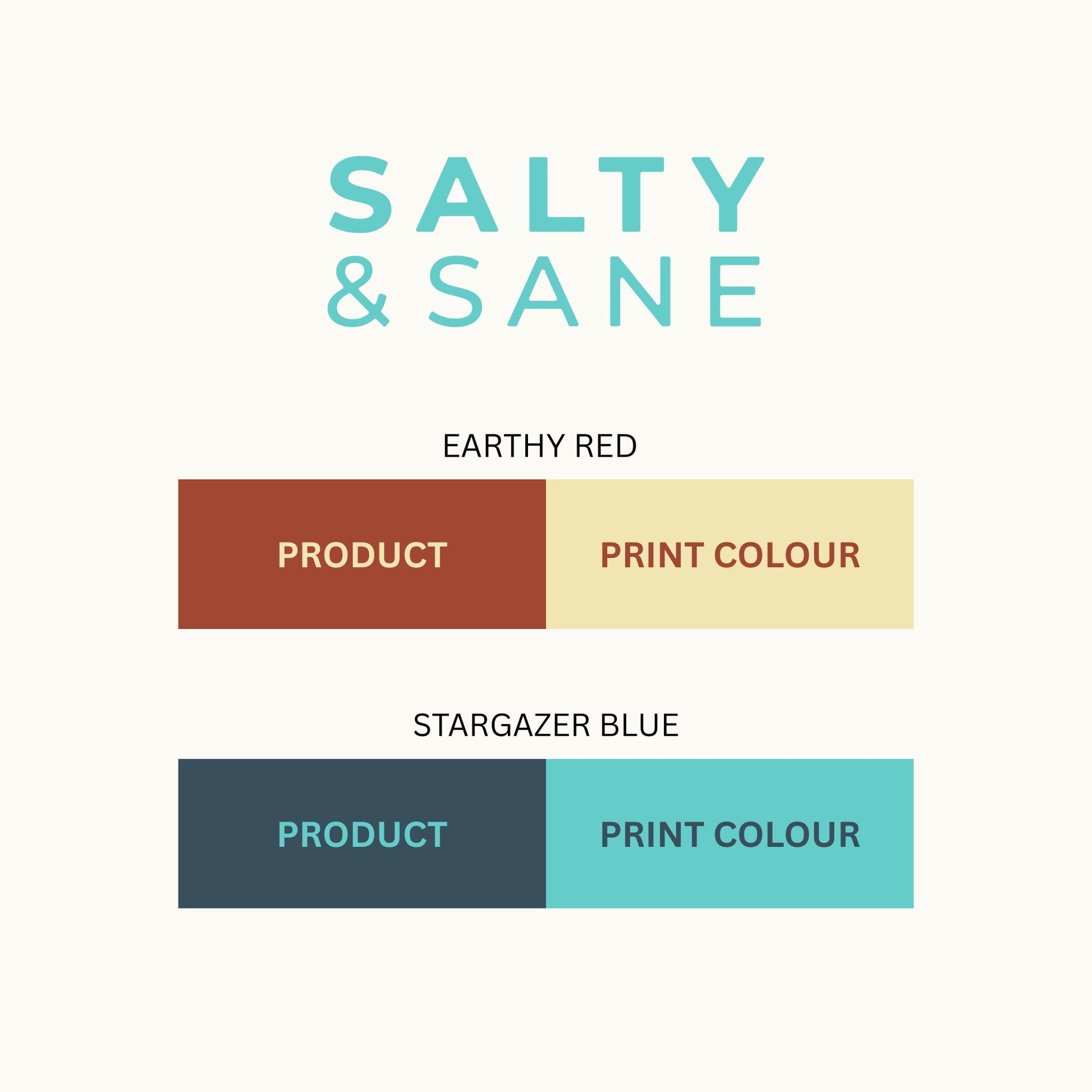 Color swatches for 'Salty & Sane' with Earthy Red and Stargazer Blue on a white background.